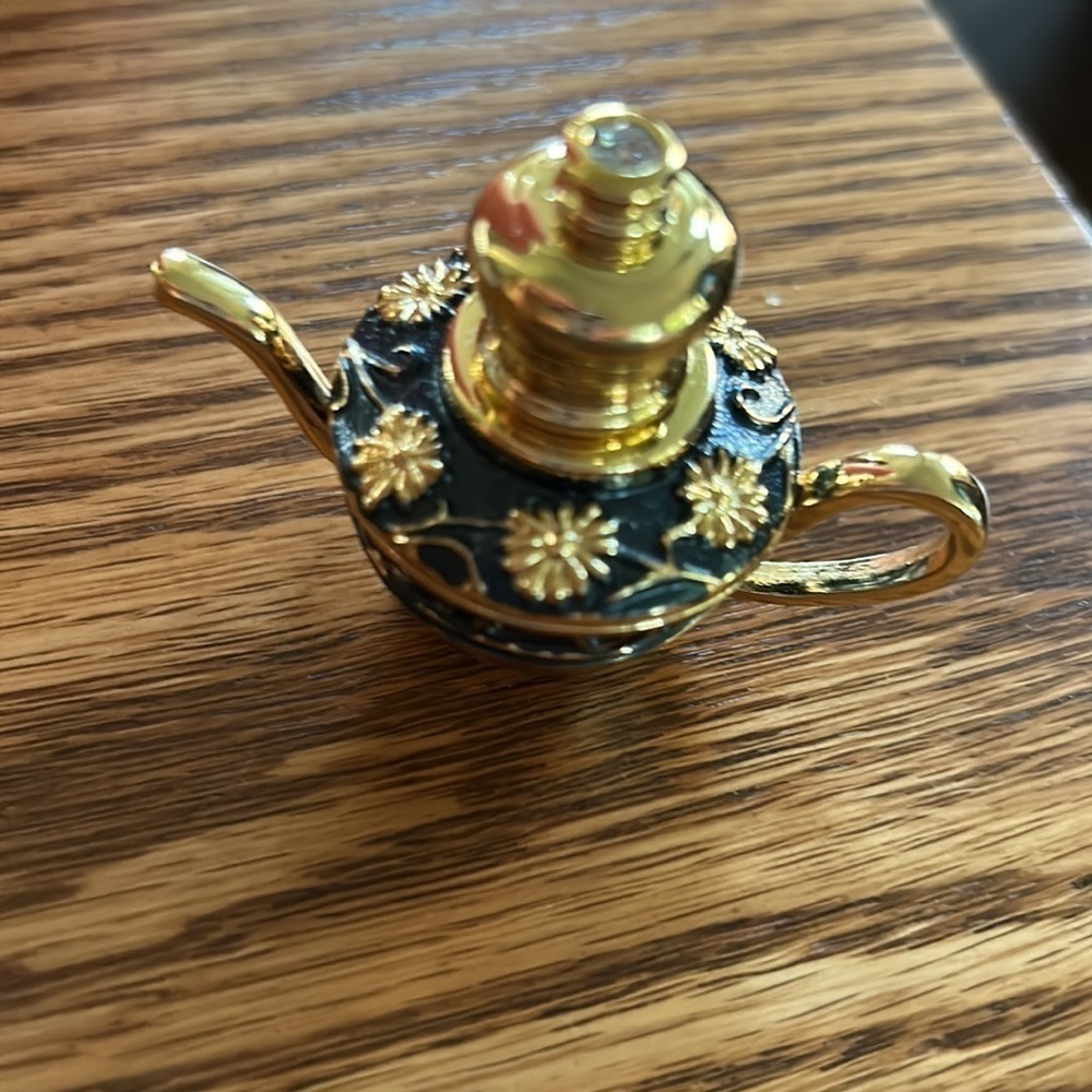 Perfume bottle with glass wand heavy gold-tone with navy blue enamel flower gems - Picture 4 of 10